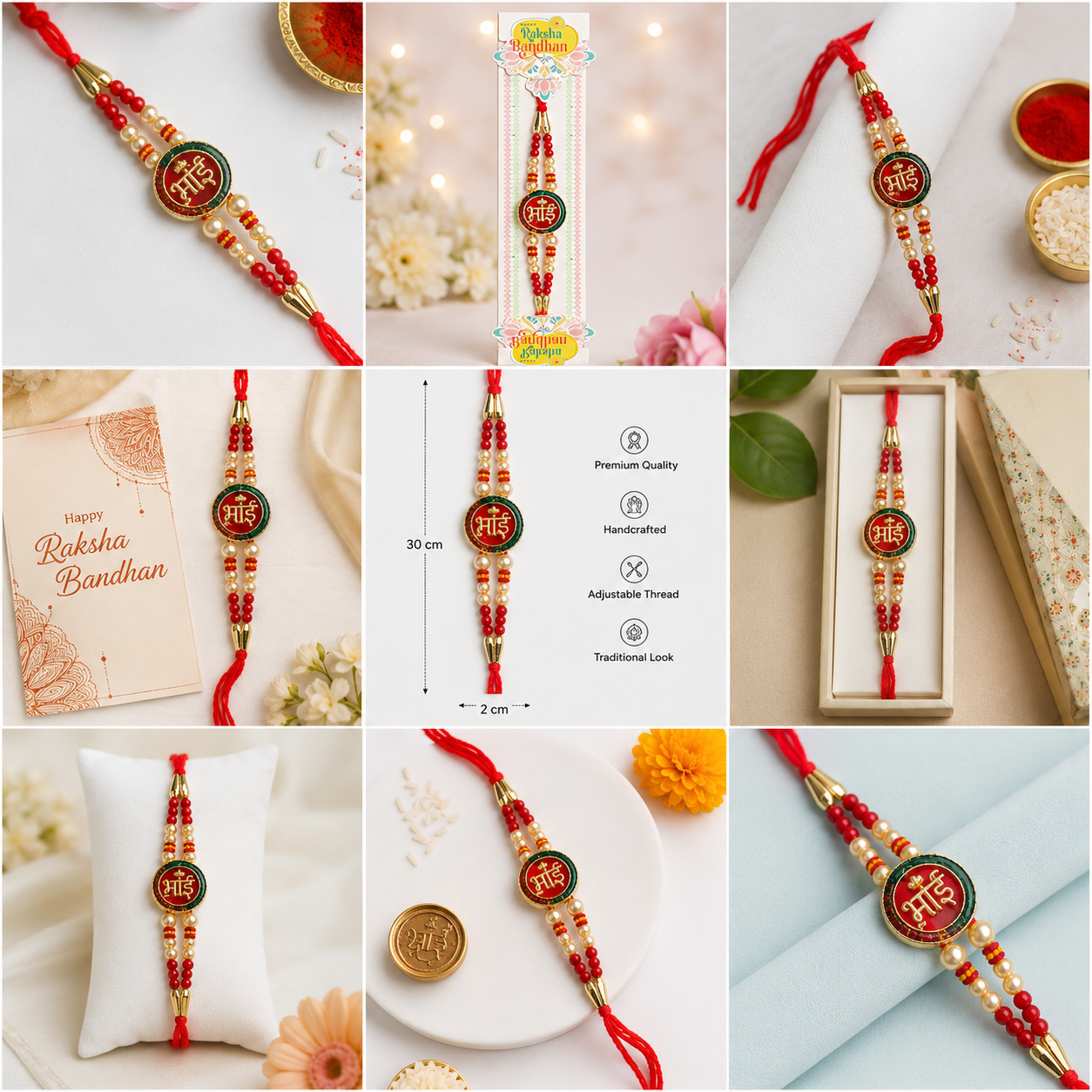 Traditional Designer Rakhi with Round Emblem, Pearl Beads & Adjustable Red Thread – Raksha Bandhan Rakhi
