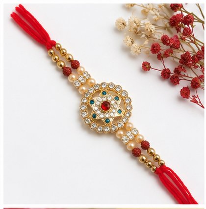 Designer Rakhi with Stone Centerpiece, Pearl Beads & Red Adjustable Thread