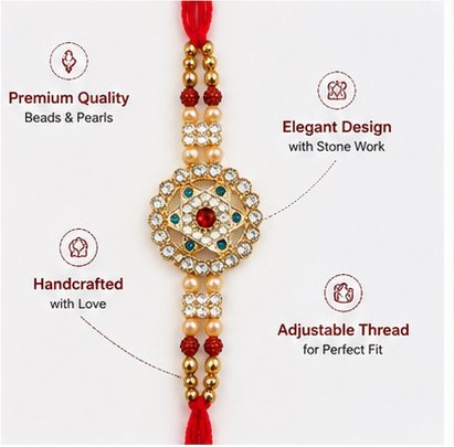 Designer Rakhi with Stone Centerpiece, Pearl Beads & Red Adjustable Thread