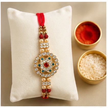 Designer Rakhi with Stone Centerpiece, Pearl Beads & Red Adjustable Thread