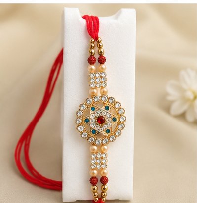 Designer Rakhi with Stone Centerpiece, Pearl Beads & Red Adjustable Thread
