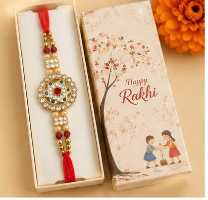 Designer Rakhi with Stone Centerpiece, Pearl Beads & Red Adjustable Thread