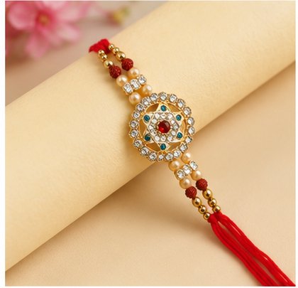 Designer Rakhi with Stone Centerpiece, Pearl Beads & Red Adjustable Thread