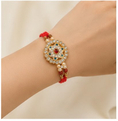 Designer Rakhi with Stone Centerpiece, Pearl Beads & Red Adjustable Thread