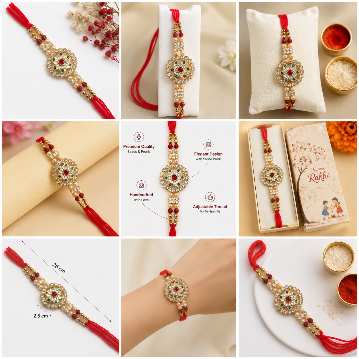 Designer Rakhi with Stone Centerpiece, Pearl Beads & Red Adjustable Thread