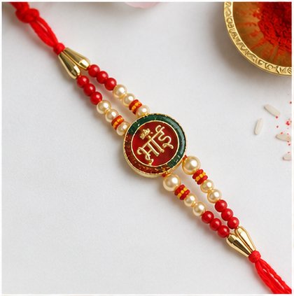 Traditional Designer Rakhi with Round Emblem, Pearl Beads & Adjustable Red Thread – Raksha Bandhan Rakhi