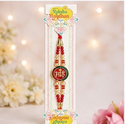 Traditional Designer Rakhi with Round Emblem, Pearl Beads & Adjustable Red Thread – Raksha Bandhan Rakhi
