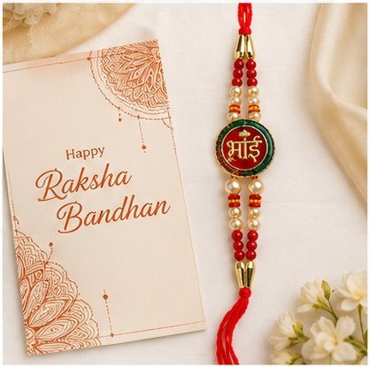 Traditional Designer Rakhi with Round Emblem, Pearl Beads & Adjustable Red Thread – Raksha Bandhan Rakhi