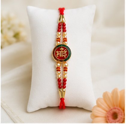 Traditional Designer Rakhi with Round Emblem, Pearl Beads & Adjustable Red Thread – Raksha Bandhan Rakhi