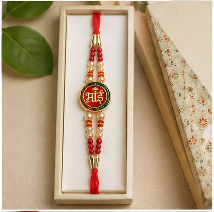 Traditional Designer Rakhi with Round Emblem, Pearl Beads & Adjustable Red Thread – Raksha Bandhan Rakhi