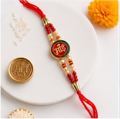 Traditional Designer Rakhi with Round Emblem, Pearl Beads & Adjustable Red Thread – Raksha Bandhan Rakhi